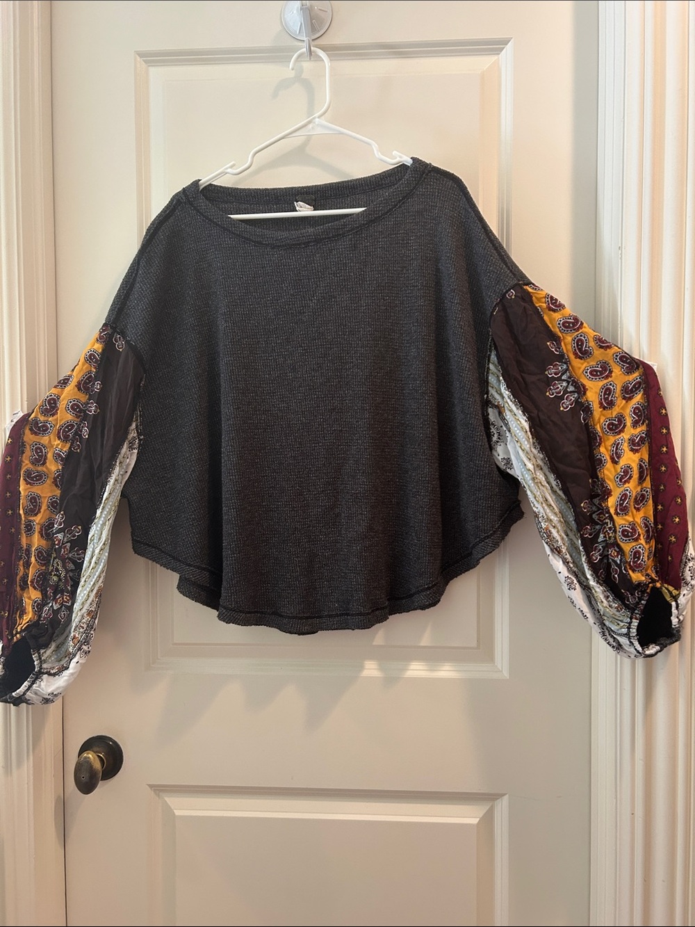 Free People We the Free Boho Festival Patchwork seams Sleeves waffle Top size L - Picture 9 of 10